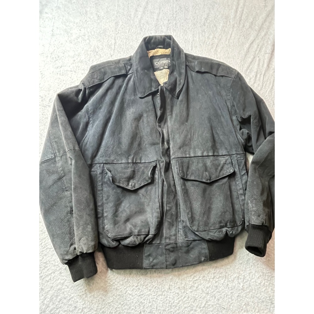 COMINT Mens Genuine Leather Bomber black Jacket Medium 80s map lined vintage